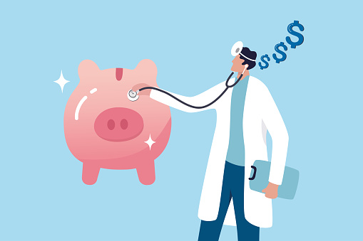 Financial check up, debt, budgeting, investment or saving analysis, wealth planning or money health check, risk or wealth preservation concept, doctor with stethoscope checking piggy bank saving.