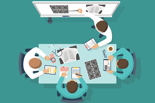 Training medical. Medical education. Doctor training. Vector flat. Lecture to trainees doctors. Medical conference. Discussions team of medical investigations. Training doctors. Mentor at blackboard.