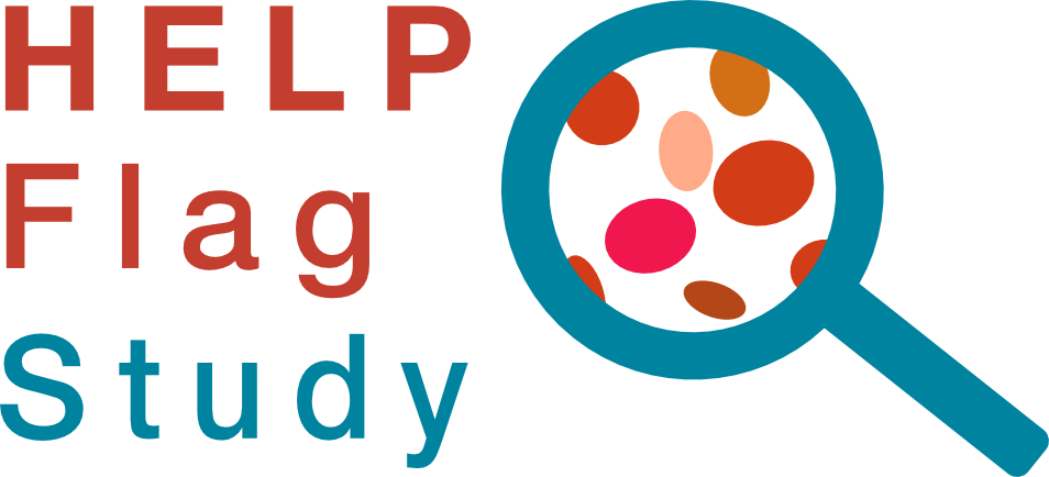 Help Flag logo of a magnifying glass with red blood cells magnified